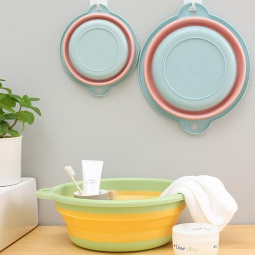 Potency Collapsible Washing Up Bowl, Portable Folding Hand Wash Basin, Multipurpose Outdoor Travel Basin, Small Washing Up Bowl, Silicone Bowl Tub For Travel Camping Caravans (Small, Yellow+Pista)