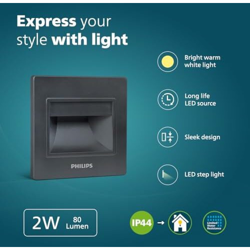 Philips 2W Decorative Led Step Light | Stepglow Surface Mounted Anthracite Outdoor Led Stair Light | Warm White, Pack Of 1-Acrylonitrile Butadiene Styrene