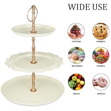 Elan Metal Flourish 3 Tier Cake And Cupcake Stand For Birthdays/Wedding Party, Dessert Holder/Stand (Off-White)Round