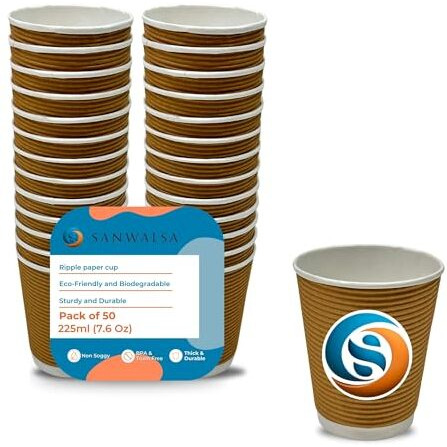 Sanwalsa (225 Ml,Brown- Pack Of 50-Piece, Paper Disposable Ripple Cup Eco-Friendly, Safe & Hygienic For Juice,Coffee,Tea,Home,Office,Party & Wedding Events
