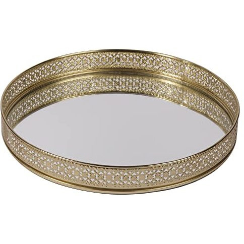 Craft Brio -A Trendy Handicrafts Round Glass Mirror Gold Plated Tray Decorative Vanity Perfume Storage Pooja Wedding Gifting Metal Laser Cutting Trays (25 X 3 H Cm)