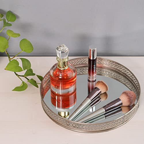 Craft Brio -A Trendy Handicrafts Round Glass Mirror Gold Plated Tray Decorative Vanity Perfume Storage Pooja Wedding Gifting Metal Laser Cutting Trays (25 X 3 H Cm)