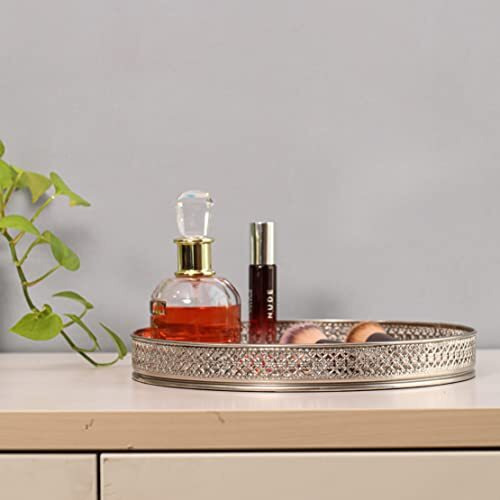 Craft Brio -A Trendy Handicrafts Round Glass Mirror Gold Plated Tray Decorative Vanity Perfume Storage Pooja Wedding Gifting Metal Laser Cutting Trays (25 X 3 H Cm)