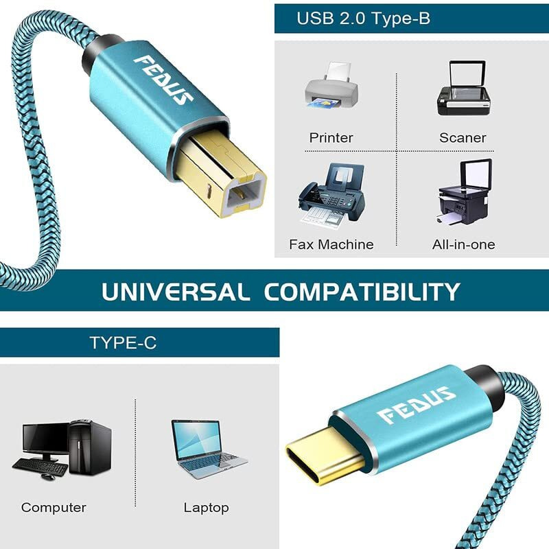 Fedus 3 Meter Usb Type-C To Printer Cable, Gold Plated Nylon Braided Usb Type-C To Usb B Male Scanner Cord Compatible With Dimi, Google Chromebook Pixel, Macbook Pro, Hp Canon Printers