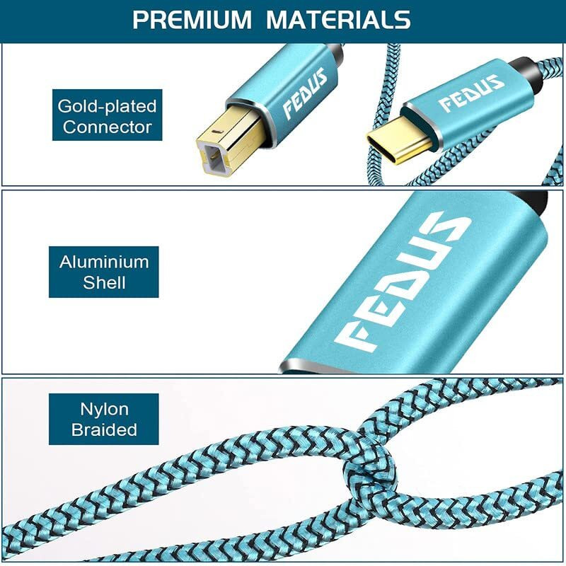 Fedus 3 Meter Usb Type-C To Printer Cable, Gold Plated Nylon Braided Usb Type-C To Usb B Male Scanner Cord Compatible With Dimi, Google Chromebook Pixel, Macbook Pro, Hp Canon Printers
