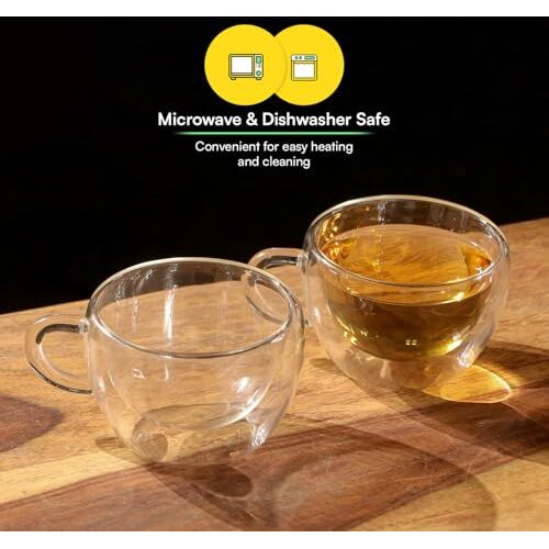 Udyan Tea Stellar Durable Borosilicate Glass Double Wall Tea Cup, Heat-Resistant, Lightweight, Microwave Safe - Set Of 2 (Transparent, 200 Ml Each)