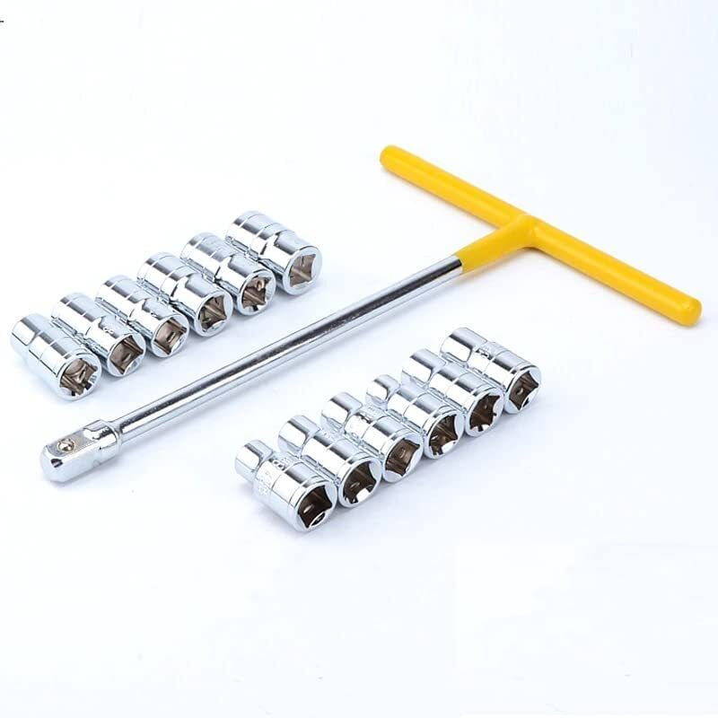Aasons Professional Tools T Spanner Socket Set Type T Shaped Handle Wrench Spanner 13 Pcs Socket Multipurpose 8Mm - 19Mm 1/2" Square Drive Socket Tool Set, Hex End Interchangable For Vehicle Car