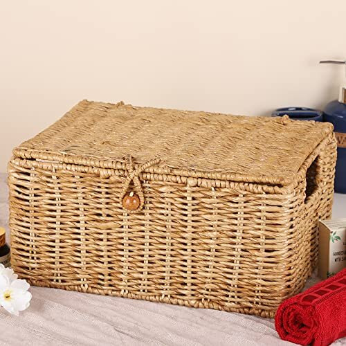 Akway Wicker Water Hyacinth Kauna Grass Seagrass Storage Basket With Lids Rectangular Handwoven Wicker Organizer Baskets Desktop Storage Box Rattan Container Desk Basket Bins For Bathroom Office
