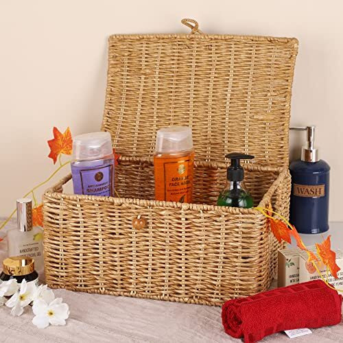 Akway Wicker Water Hyacinth Kauna Grass Seagrass Storage Basket With Lids Rectangular Handwoven Wicker Organizer Baskets Desktop Storage Box Rattan Container Desk Basket Bins For Bathroom Office