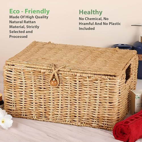 Akway Wicker Water Hyacinth Kauna Grass Seagrass Storage Basket With Lids Rectangular Handwoven Wicker Organizer Baskets Desktop Storage Box Rattan Container Desk Basket Bins For Bathroom Office