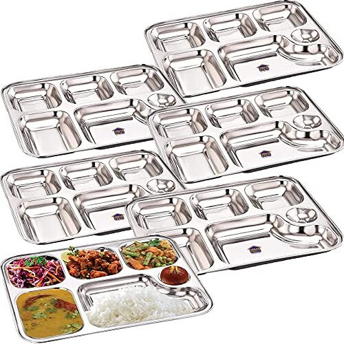 Urban Kraft 6In1 Stainless Steel Plates With Compartments/Bhojan Thali/Partition Plates Set Of 6 For Lunch/Dinner/Kids Plate Pack Of 6 /Thali - Extra Deep Mess Tray