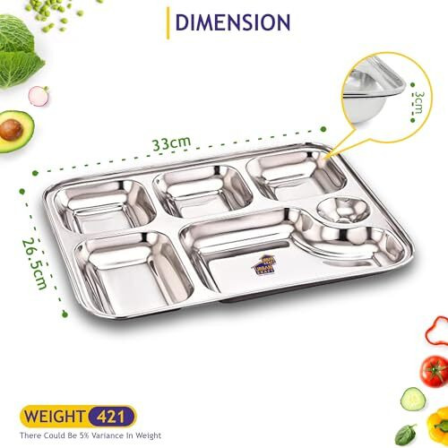 Urban Kraft 6In1 Stainless Steel Plates With Compartments/Bhojan Thali/Partition Plates Set Of 6 For Lunch/Dinner/Kids Plate Pack Of 6 /Thali - Extra Deep Mess Tray
