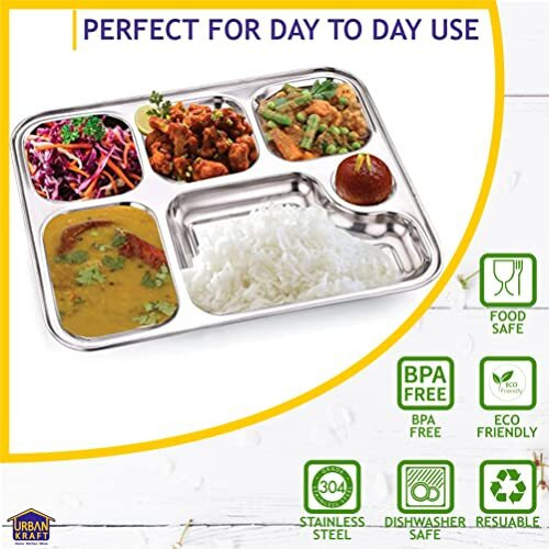 Urban Kraft 6In1 Stainless Steel Plates With Compartments/Bhojan Thali/Partition Plates Set Of 6 For Lunch/Dinner/Kids Plate Pack Of 6 /Thali - Extra Deep Mess Tray