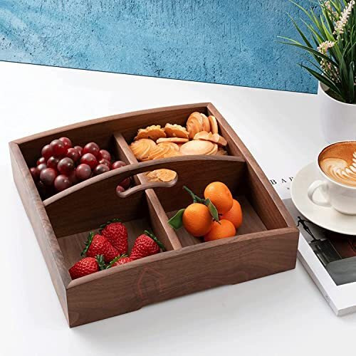 Ethoweden Wooden Serving Tray Divided Platter 4 Compartment Storage Organizer Container Decorative Candy Tray For Food Server Snack. (Design Divided)