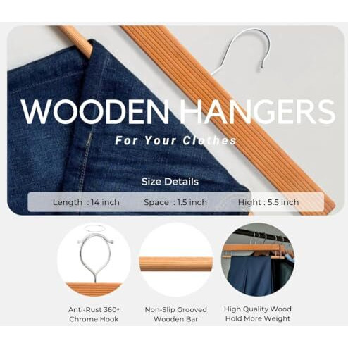 Bloomax German Technique, Trouser Pants Hangers With Non Slip Bar Smooth Finish, Wooden Hangers, 360 Hook- Ideal For Pants, Natural, 14-Inch (12-Pcs)