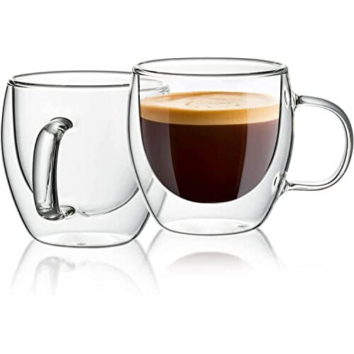Ankul Double Walled Insulated Glass Coffee Mugs Set Of 2, Double Layer Tea Cups With Handle For Latte, Cappuccino, Espresso,Coffee Glass, Mocha Dishwasher & Microwave Safe (2, 250Ml D-Cup)