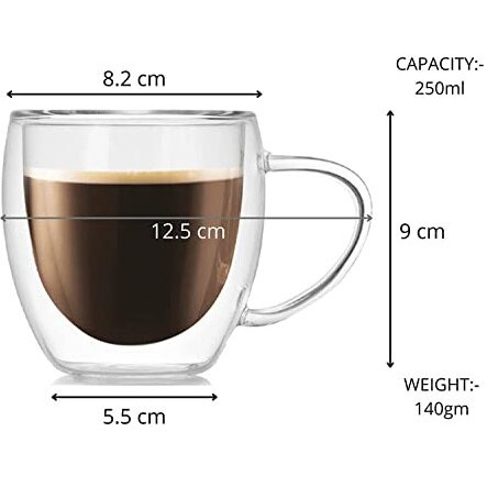 Ankul Double Walled Insulated Glass Coffee Mugs Set Of 2, Double Layer Tea Cups With Handle For Latte, Cappuccino, Espresso,Coffee Glass, Mocha Dishwasher & Microwave Safe (2, 250Ml D-Cup)