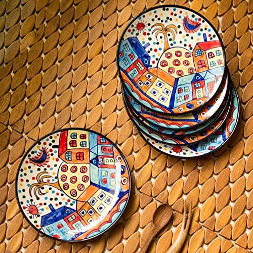Exclusivelane 'The Hut Family' Ceramic Quarter Plates Set Of 6 (6 Pieces, 7 Inch, Dishwasher & Microwave Safe) |Handpainted Quarter Plates Ceramic Serving Plates For Snacks Plates Side Plates Set Of 6