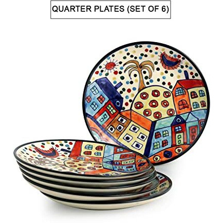 Exclusivelane 'The Hut Family' Ceramic Quarter Plates Set Of 6 (6 Pieces, 7 Inch, Dishwasher & Microwave Safe) |Handpainted Quarter Plates Ceramic Serving Plates For Snacks Plates Side Plates Set Of 6