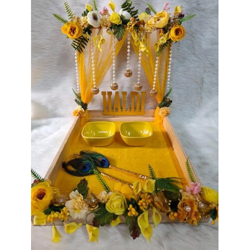 Haldi Platter For Haldi Ceremony | Wooden Handmade Round Decorative Platter Tray Marriage Decor | Beautiful Handcrafted Unique Haldi Platters For Haldi Ceremony | Yellow, 12X14X12 Inch