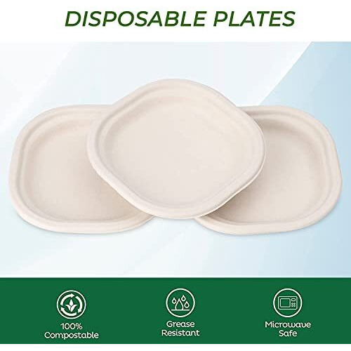 Sanwalsa Disposable Square Bagasse Paper Plates, 6 Inches Diameter, Set Of 25 Pcs - Beige