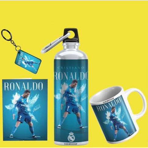 Thewhoop Printed Cristiano Ronaldo Gift Combo Pack Of Mug (350Ml), Sipper Bottle (750Ml),Keychain,Sunglass,Cap, Greeting Card, Birthday Gift Set For Cristiano Ronaldo Fans (Pack Of 6) (Green)
