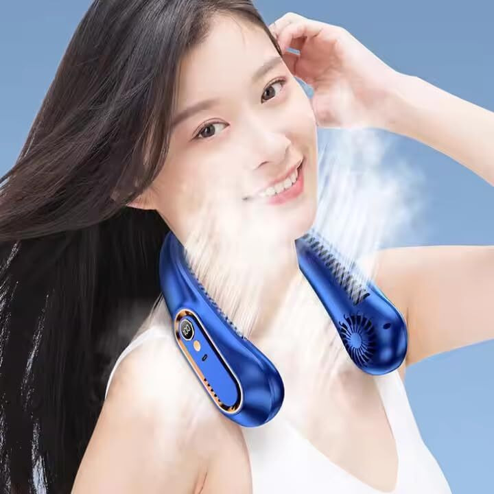 Lacossi Portable Neck Fan Rechargeable- 4000 Mah Battery 3 Speeds Usb Hands Free Bladeless Fan, 360 Cooling Personal Neck Fan, Wearable Quiet Neckband Fan For Outdoor Indoor For Men, Women(Blue)