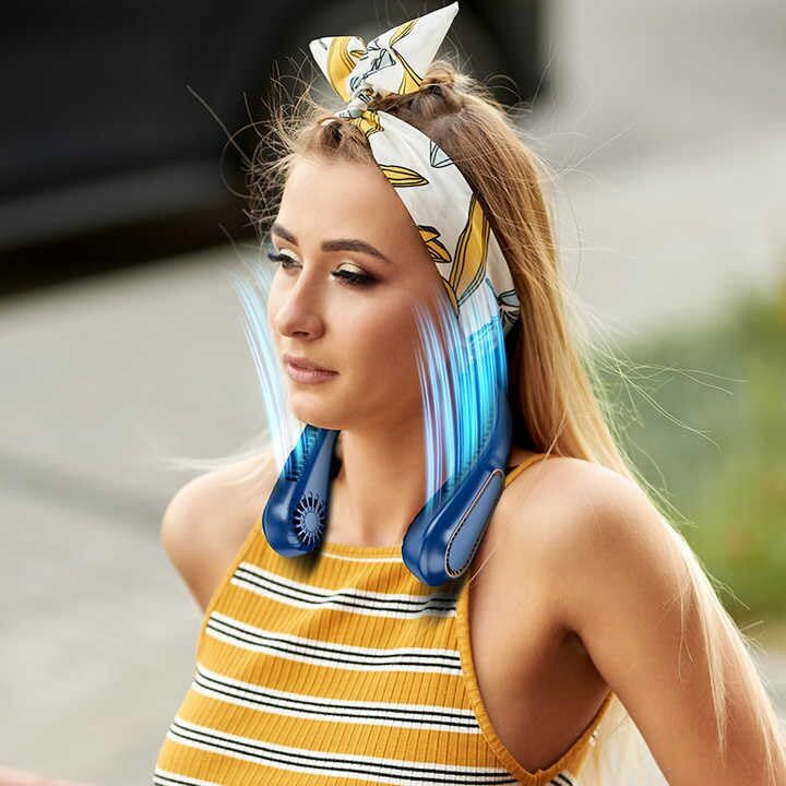 Lacossi Portable Neck Fan Rechargeable- 4000 Mah Battery 3 Speeds Usb Hands Free Bladeless Fan, 360 Cooling Personal Neck Fan, Wearable Quiet Neckband Fan For Outdoor Indoor For Men, Women(Blue)