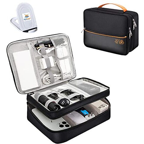 Seagull Flight Of Fashion Nylon Double Layer Electronic Gadget Organizer Case, Cable Organizer Professional Bag For Accessories With Mobile Stand - 27 X 20 X 9 Cm - Black - Model 2