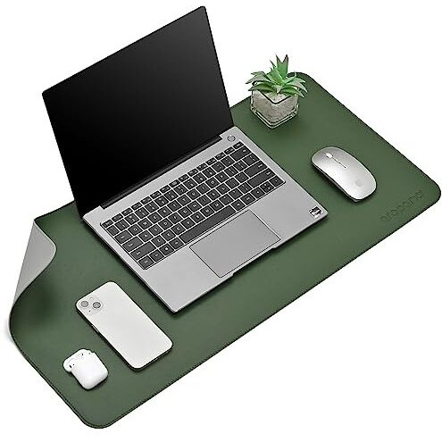 Aropana Vegan Leather Desk Mat, Mouse Pad Large, Computer Table Mat, Reversible Extended Laptop Pad For Desk, Dual Side Waterproof Edge-Stitched (27.6" X 13.8" Inch, Deep Green/Grey)