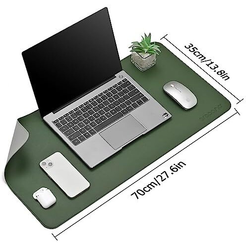 Aropana Vegan Leather Desk Mat, Mouse Pad Large, Computer Table Mat, Reversible Extended Laptop Pad For Desk, Dual Side Waterproof Edge-Stitched (27.6" X 13.8" Inch, Deep Green/Grey)