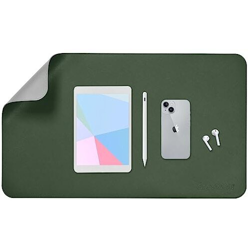 Aropana Vegan Leather Desk Mat, Mouse Pad Large, Computer Table Mat, Reversible Extended Laptop Pad For Desk, Dual Side Waterproof Edge-Stitched (27.6" X 13.8" Inch, Deep Green/Grey)