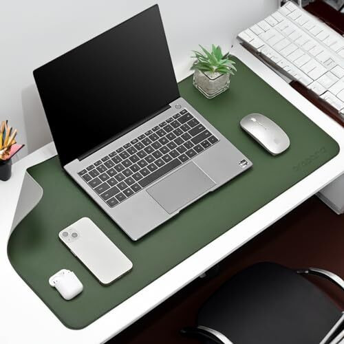 Aropana Vegan Leather Desk Pad, Extended Mouse Pad, Office Desk Mat, Reversible Desk Protector, Dual Side Waterproof Edge-Stitched Upgraded Version (36&quotX17&quotInch, Deepgreen/Grey)