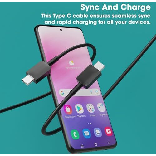 Samsung Type C To Type C Mobile Data Charging Cable For Samsung Galaxy Superfast Transfer Power Cable A54/ A15/ A14/ A34/ A23/ F54/ F34/ F23/ F14/ M14/ M34/M33/S21 Fe/S22/S23/S23 Fe 5G/S24