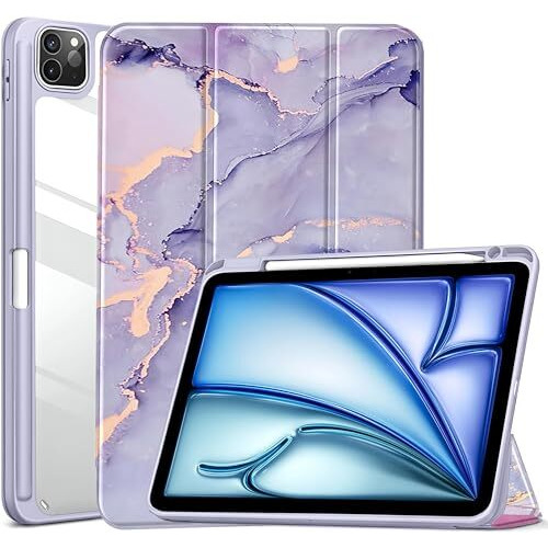 Proelite Case For Ipad Air 11 Inch M3/M2 2025/2024, Ipad Air 10.9 Inch 5Th/4Th Gen & Ipad Pro 11 Inch 4Th/3Rd Gen 2022 Case Cover, Transparent Smart Flip Cover With Pencil Holder, Marble Purple