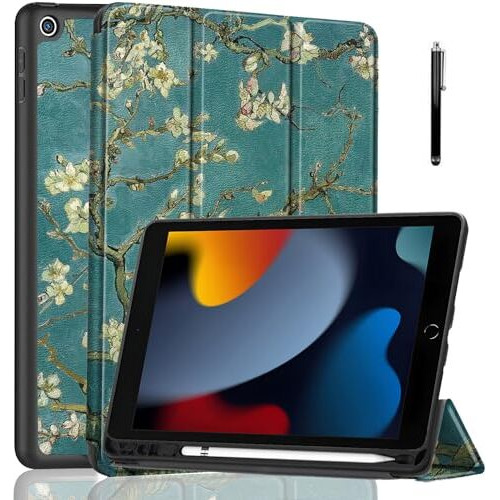 Proelite Smart Case For Ipad 10.2 Inch 2021 9Th/8Th/7Th Gen [Auto Sleep/Wake Cover] [Pencil Holder] [Soft Flexible Case] Recoil Series - Flowers With Stylus Pen
