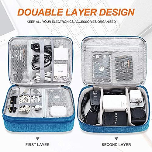 House Of Quirk Electronic Bag Travel Cable Accessories Double Layer Electronics Organizer Portable Storage Case For Cord,Charger, Adapter, Power Bank, Hard Drives-Light Blue, Polyester, Pack Of 1