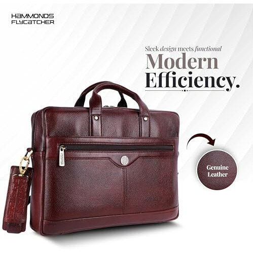 Hammonds Flycatcher Genuine Leather Office Bag For Men - 15.6 Inch Laptop Bag For Men, Adjustable Strap, Multi Compartments - Ideal For Office, Travel, Daily Use - 1 Year Warranty - Brown
