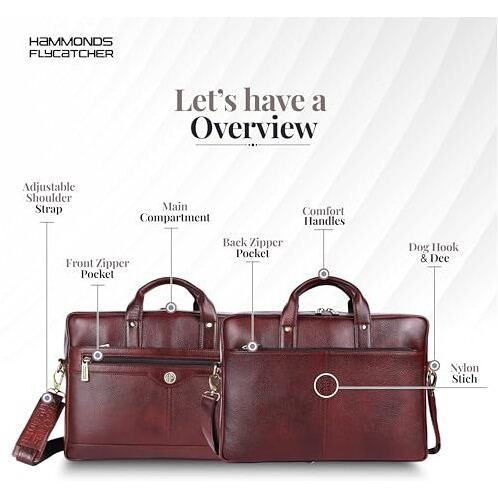 Hammonds Flycatcher Genuine Leather Office Bag For Men - 15.6 Inch Laptop Bag For Men, Adjustable Strap, Multi Compartments - Ideal For Office, Travel, Daily Use - 1 Year Warranty - Brown