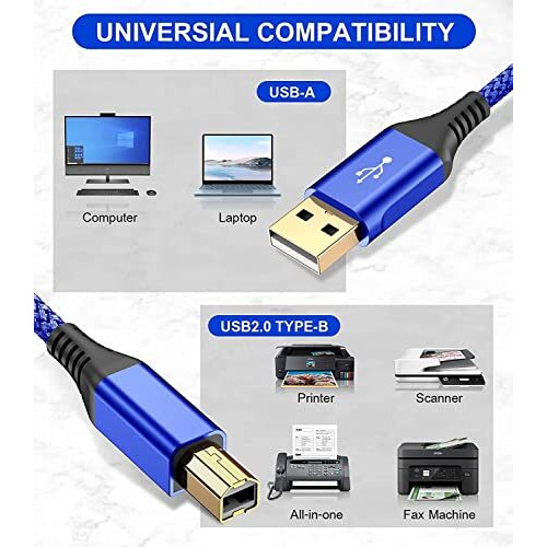 Rts Usb Printer Cable (2M/6.6 Feet) High Speed Nylon Braided Usb 2.0 Printer Cable Usb-A To Usb-B Cable,Scanner Printer Cord For Hp Canon Dell Epson Brother Lexmark Xerox Samsung Piano Dac&More,Blue