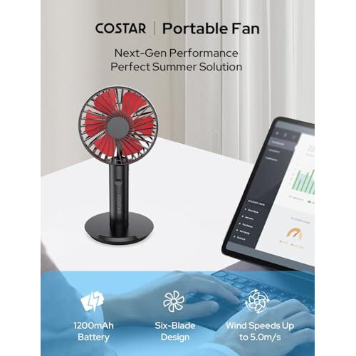 Costar Mini Portable Fan, Brushless Motor Hand Fan With Table Phone Holder Base, 3 Speeds Small Makeup Fan, 1200Mah Usb Rechargeable Electric Fan For Summer And Travel Use By Women And Men (Black)