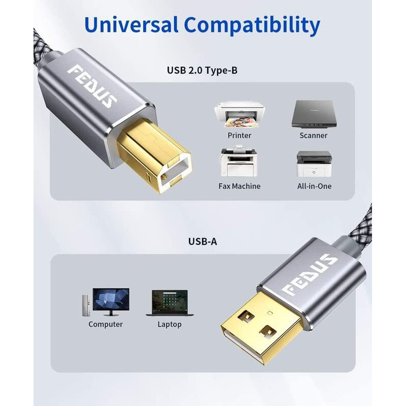 Fedus 5 Meter Usb Printer Cable, Nylon Braided Gold Plated Usb A To Male To Usb B 2.0 Cable Cord Compatible With Printers, Scanner For Brother Dell, Hp, Epson, Canon, Lexmark, Xerox, Samsung, Epson