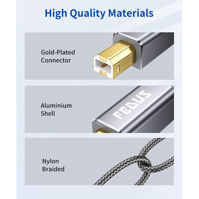Fedus 5 Meter Usb Printer Cable, Nylon Braided Gold Plated Usb A To Male To Usb B 2.0 Cable Cord Compatible With Printers, Scanner For Brother Dell, Hp, Epson, Canon, Lexmark, Xerox, Samsung, Epson