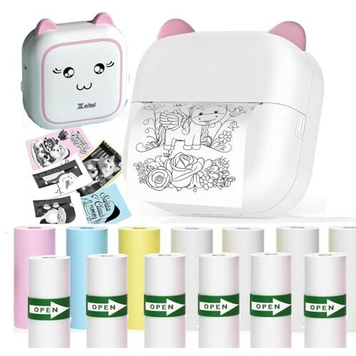 Zeitel Portable Thermal Mini Printer For Students, For Home Use Bluetooth Printer For Mobile Android And Ios, Mini Sticker Printer For Question Bank, Flashcards, Journal, Photos, Notes, Label