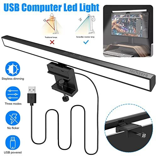 Techzere Plastic 13-Inch Laptop Monitor Screen Light Bar With Smart Touch Sensor Usb Powered 5W Led E-Reading Lamp Stepless Dimming 60-Min Timer No Screen Glare Eye Health Care Black