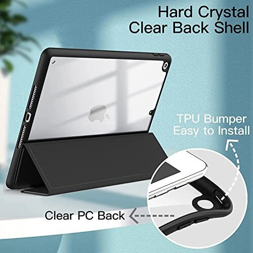 Proelite Smart Flip Case Cover For Apple Ipad 10.2 Inch 2021 9Th/8Th/7Th Gen, Clear Soft Back With Pencil Holder, Black