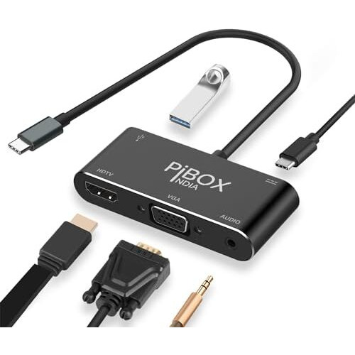 Pibox India, Usb C To Hdmi Vga Usb Adapter, Aluminium Type C Usb Hub 3.1 To Hdmi 4K/Vga/Usb 3.0/Usb C Converter Cable Charging Port Adapter Cable For Mac, Compatible Samsung Galaxy/Samsung Note