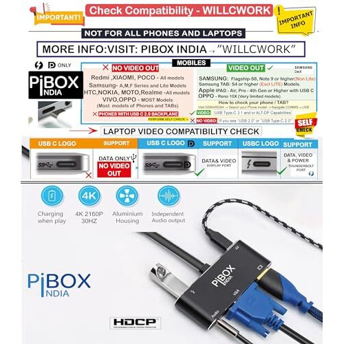Pibox India, Usb C To Hdmi Vga Usb Adapter, Aluminium Type C Usb Hub 3.1 To Hdmi 4K/Vga/Usb 3.0/Usb C Converter Cable Charging Port Adapter Cable For Mac, Compatible Samsung Galaxy/Samsung Note