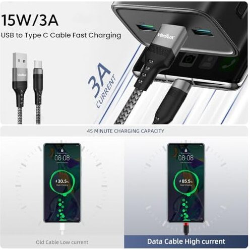 Verilux Type C Charging Cable 15W 3A Fast Charging Cable 16.4Ft Long Type C Charging Cable Data Cable Support 480Mbps Data Transmission Compatible With Phone, Tablet, Ps5