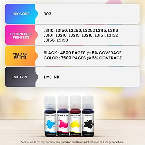 Splashjet 003 Compatible Refill Ink For Epson L3110, L3150, L3115, L3116, L3101, L3210, L3215, L3216, L3250, L3151, L3152, L3156, L5190 Printer Ink - (70Gm X 1) Black Ink Bottle - 501732